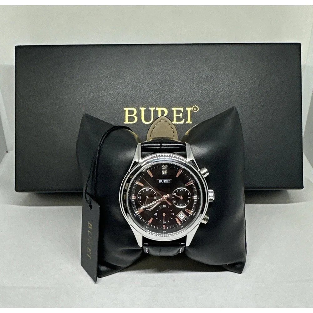 Burei S-17005M Men's Black Leather Strap Analog Dial Quartz Wrist Watch XOB29